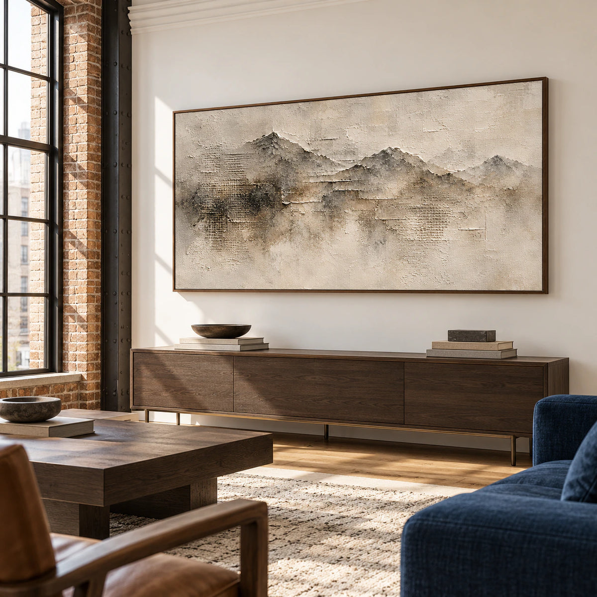 Panoramic ridgeline painting above a credenza in an open loft with tall industrial windows, warm brick, steel details and deep blue seating, viewed from a low left angle.