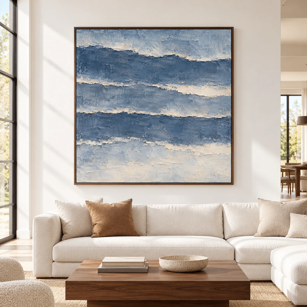 Riven-Tides square abstract painting viewed straight-on in a spacious, bright room with daylight and defined shadows.