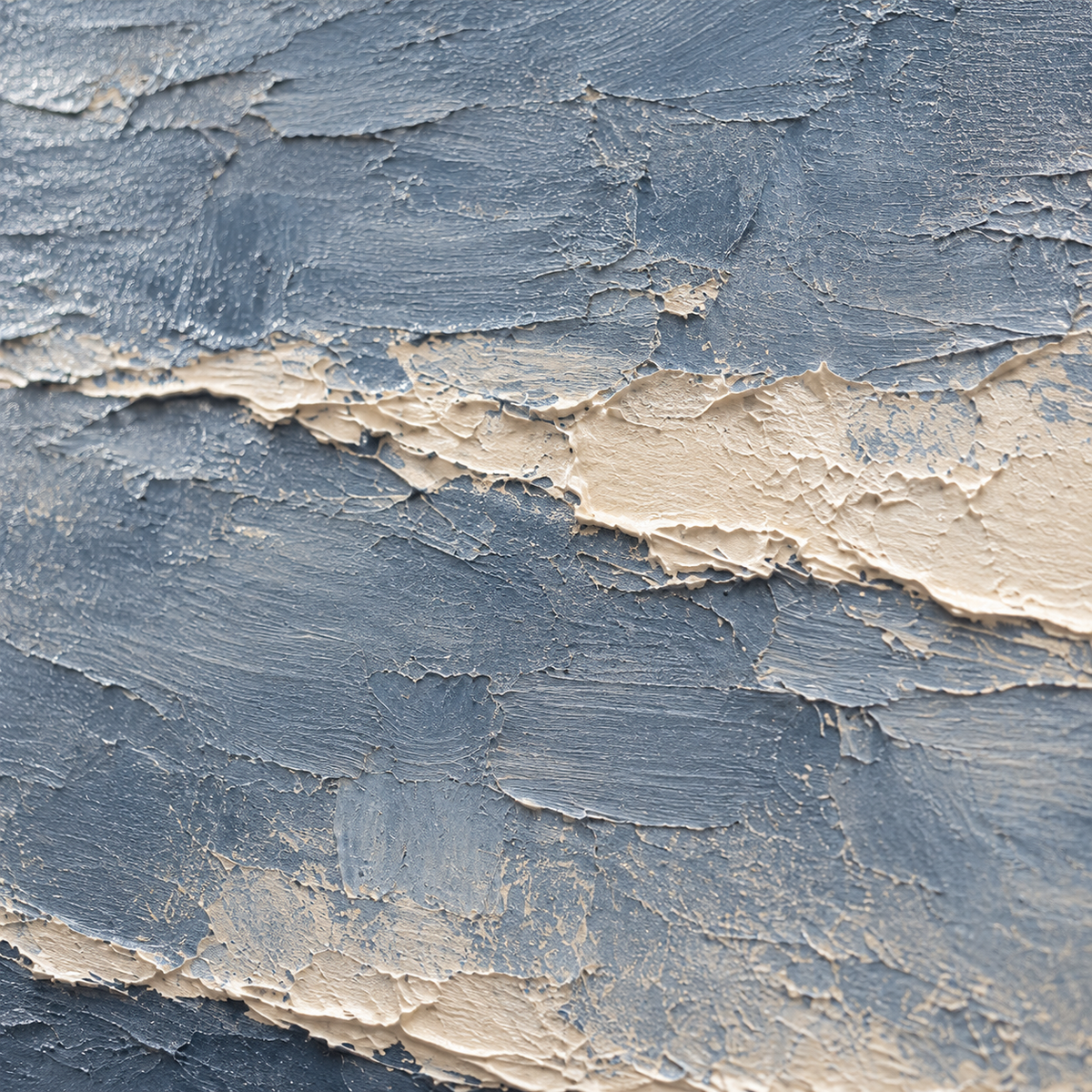 Oblique close-up of Riven-Tides showing blue and cream paint, raised ridges, and textured strokes under directional light.