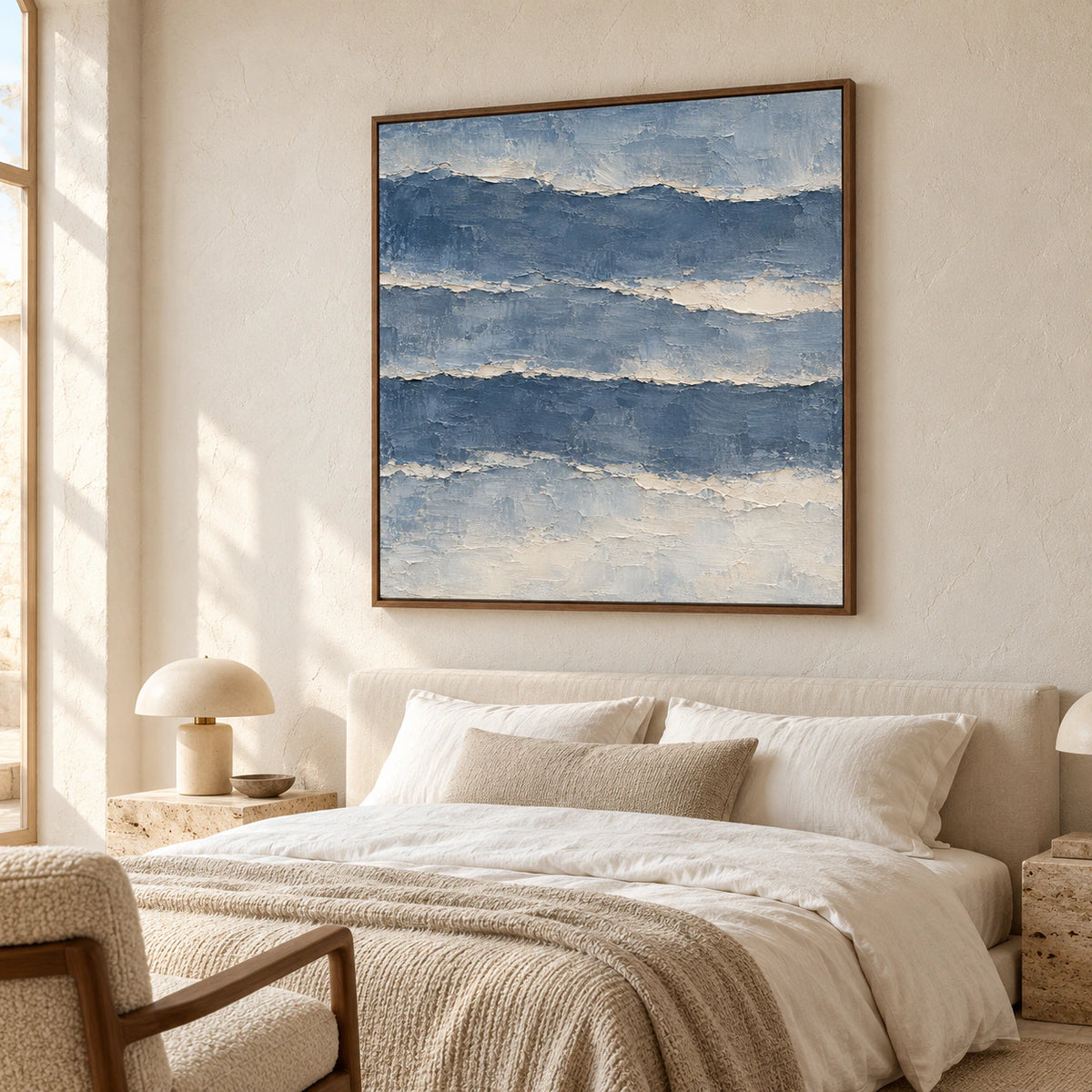 Riven-Tides painting above a low bed with soft white bedding in morning daylight, viewed from an elevated left angle.