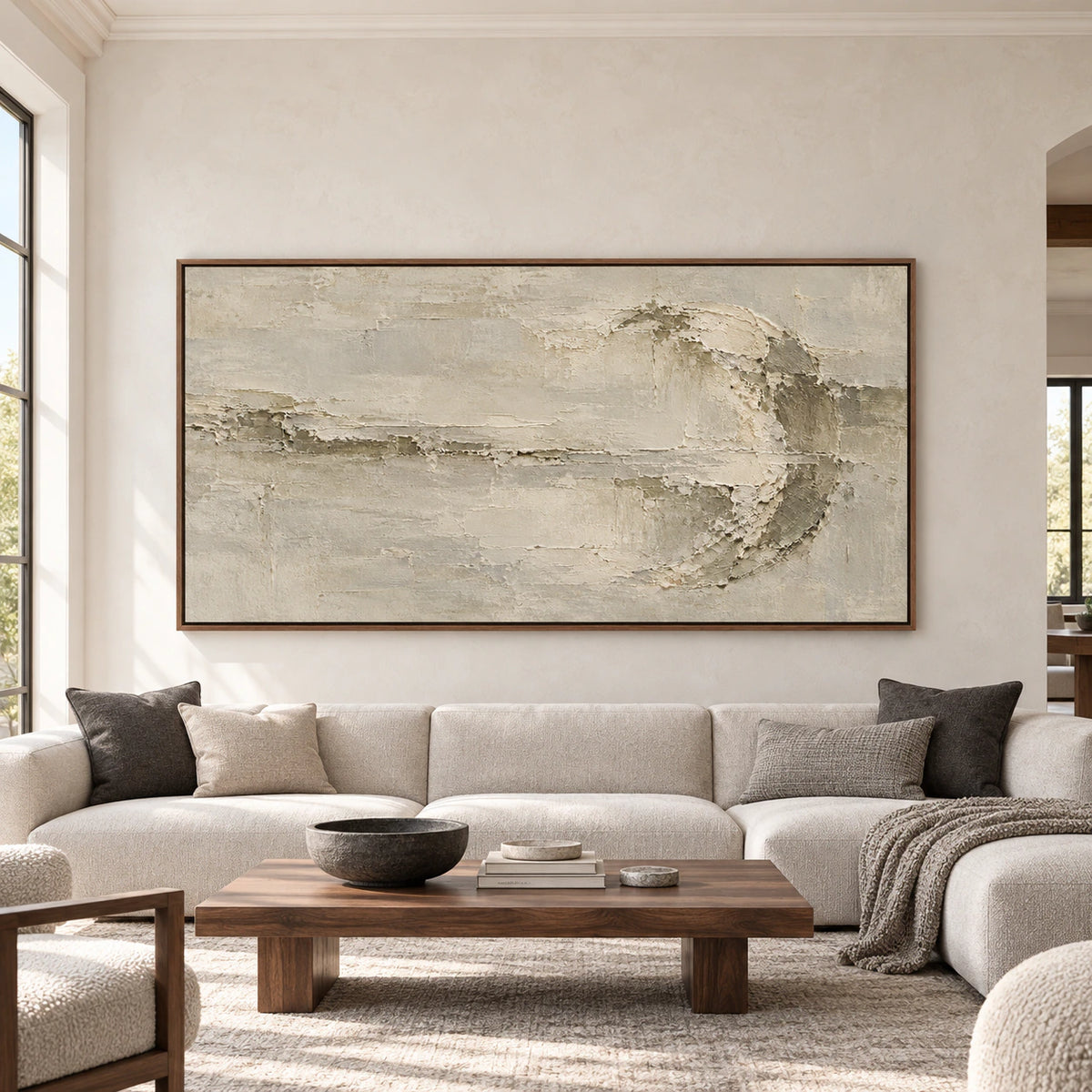 Large Riven-Wake artwork centered on a bright architectural living room wall, shown straight-on at monumental scale.
