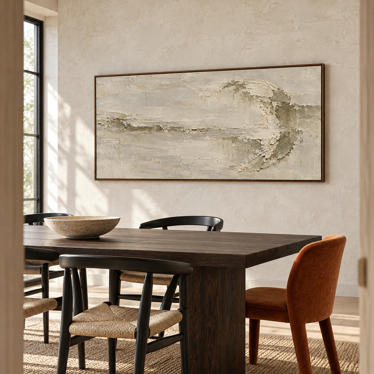 Riven-Wake displayed as the focal artwork in a refined dining room with a long dark wood table and pale walls.