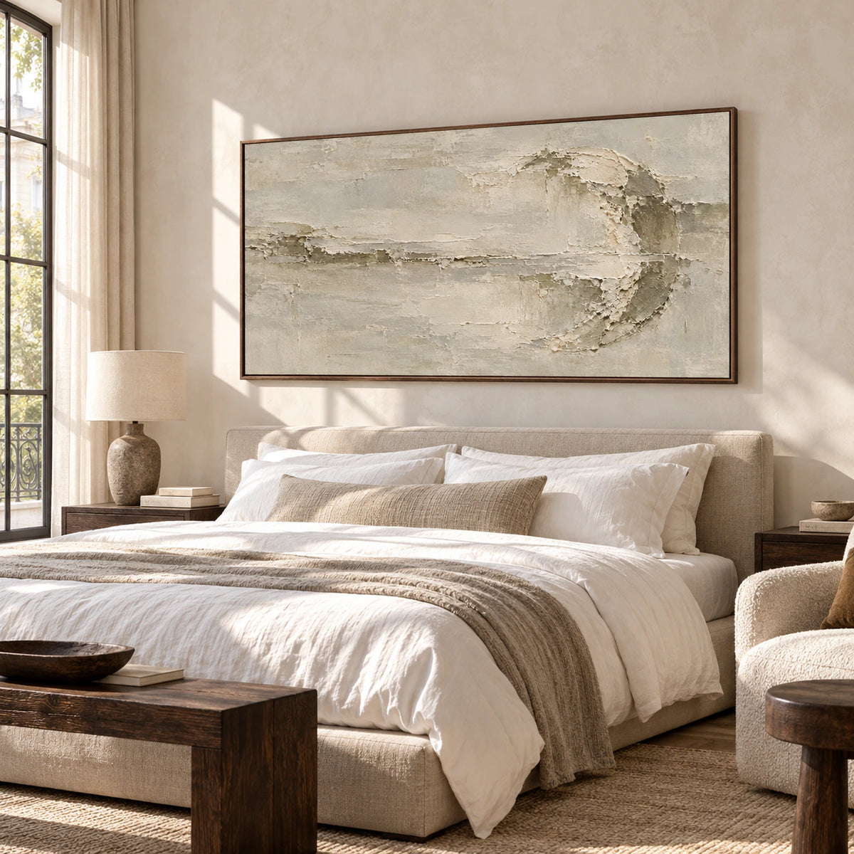 Riven-Wake displayed above a low bed in a quiet, sunlit bedroom with restrained linen furnishings.