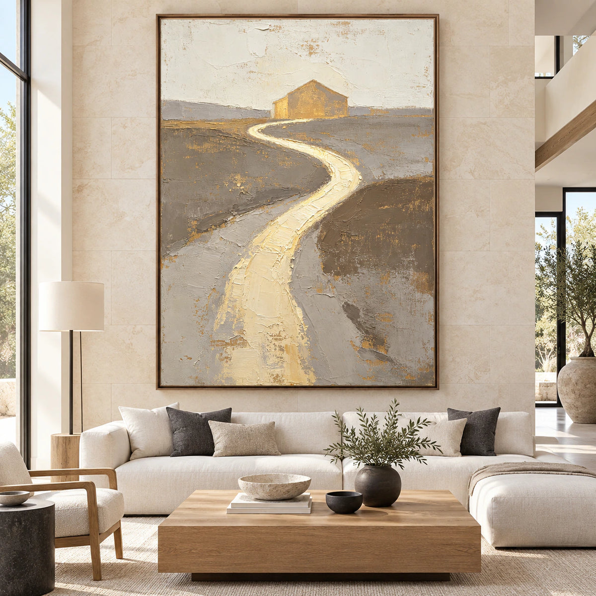 River-Sanctum displayed at large scale on a limestone wall in a bright, spacious living area.