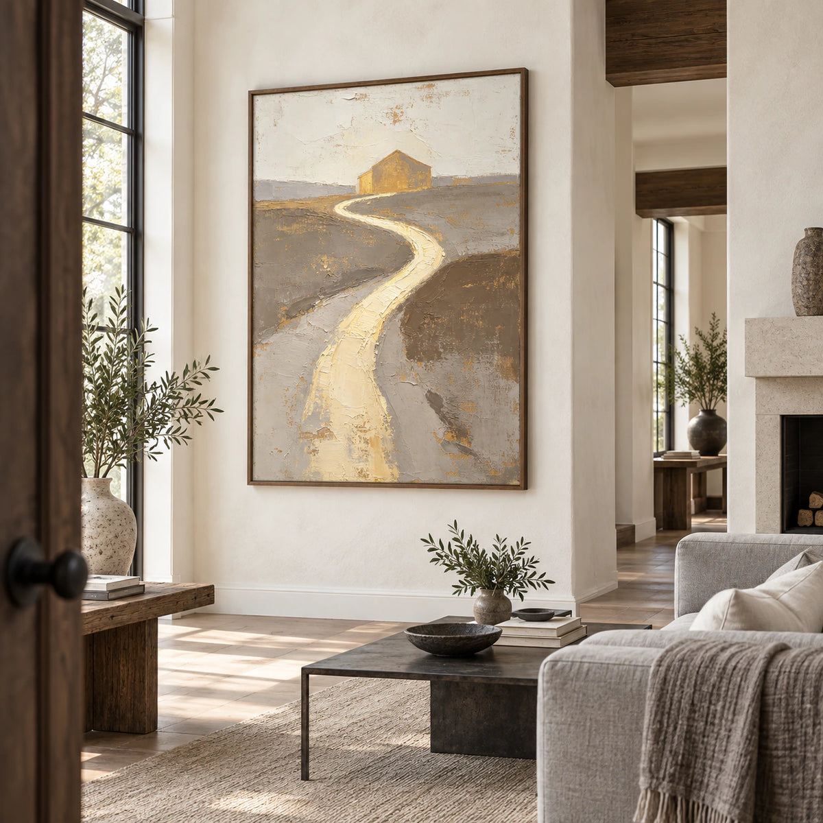 River-Sanctum above a restrained sofa in a bright contemporary living room.