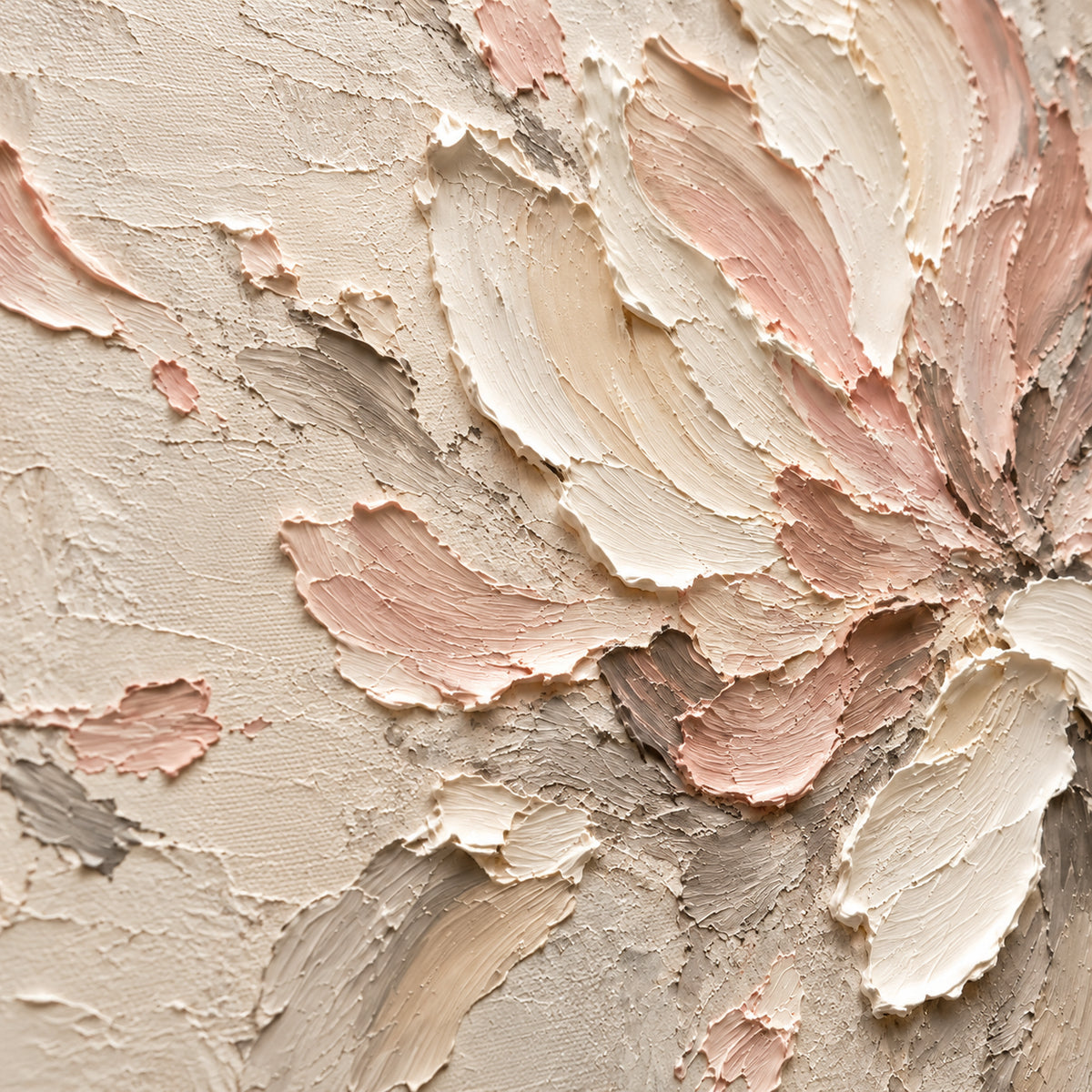 Oblique close-up of Roselight-Relief oil painting, showing raised ivory and blush petal strokes and taupe accents under grazing light.