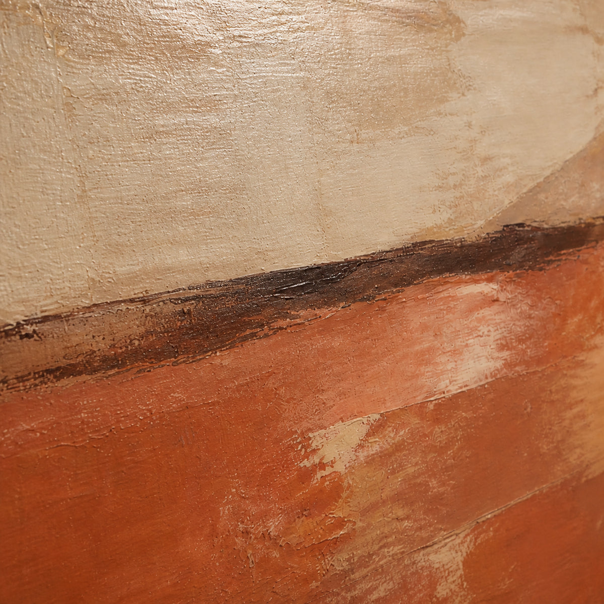 Russet-Horizon oil painting brushwork and impasto detail photographed from an oblique side angle