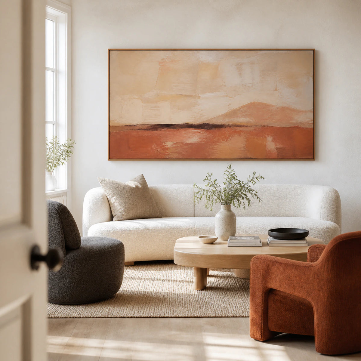 Russet-Horizon above a restrained sofa in a bright living room.