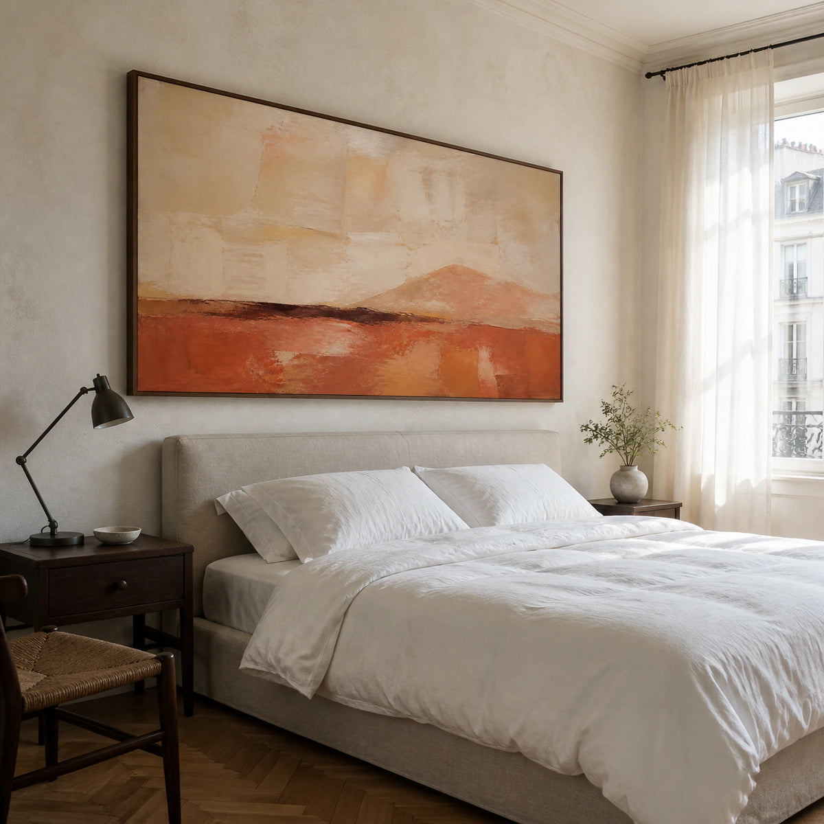 Russet-Horizon above a quiet bed in a daylight-filled bedroom.