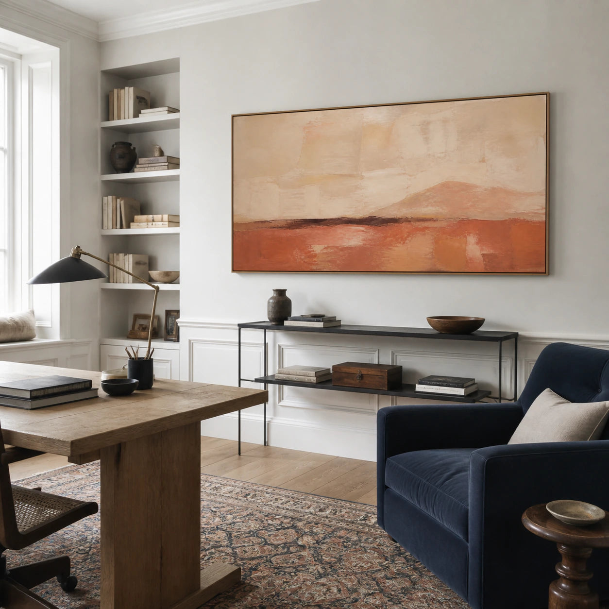 Russet-Horizon in an airy home office reading space.