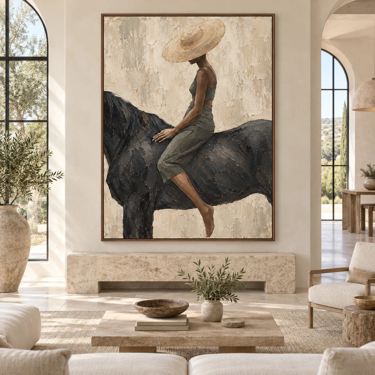 Sable-Canter displayed large and straight-on in a spacious daylight-filled interior.