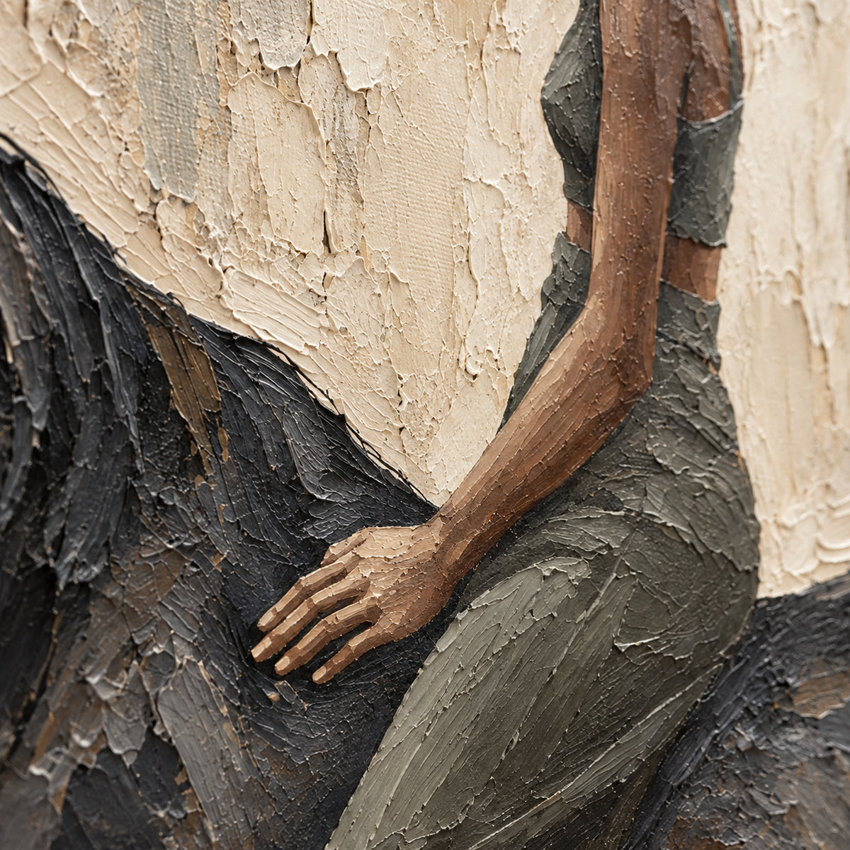 Sable-Canter oil painting brushwork and impasto detail photographed from an oblique side angle