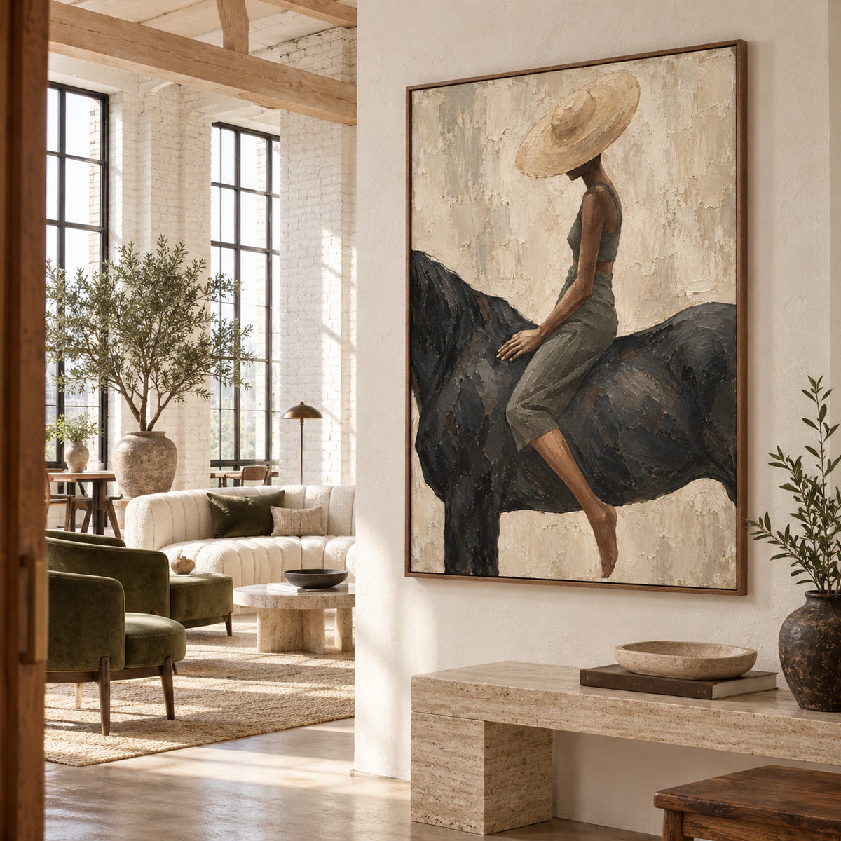Sable-Canter as a large focal work in an expansive loft hospitality interior.