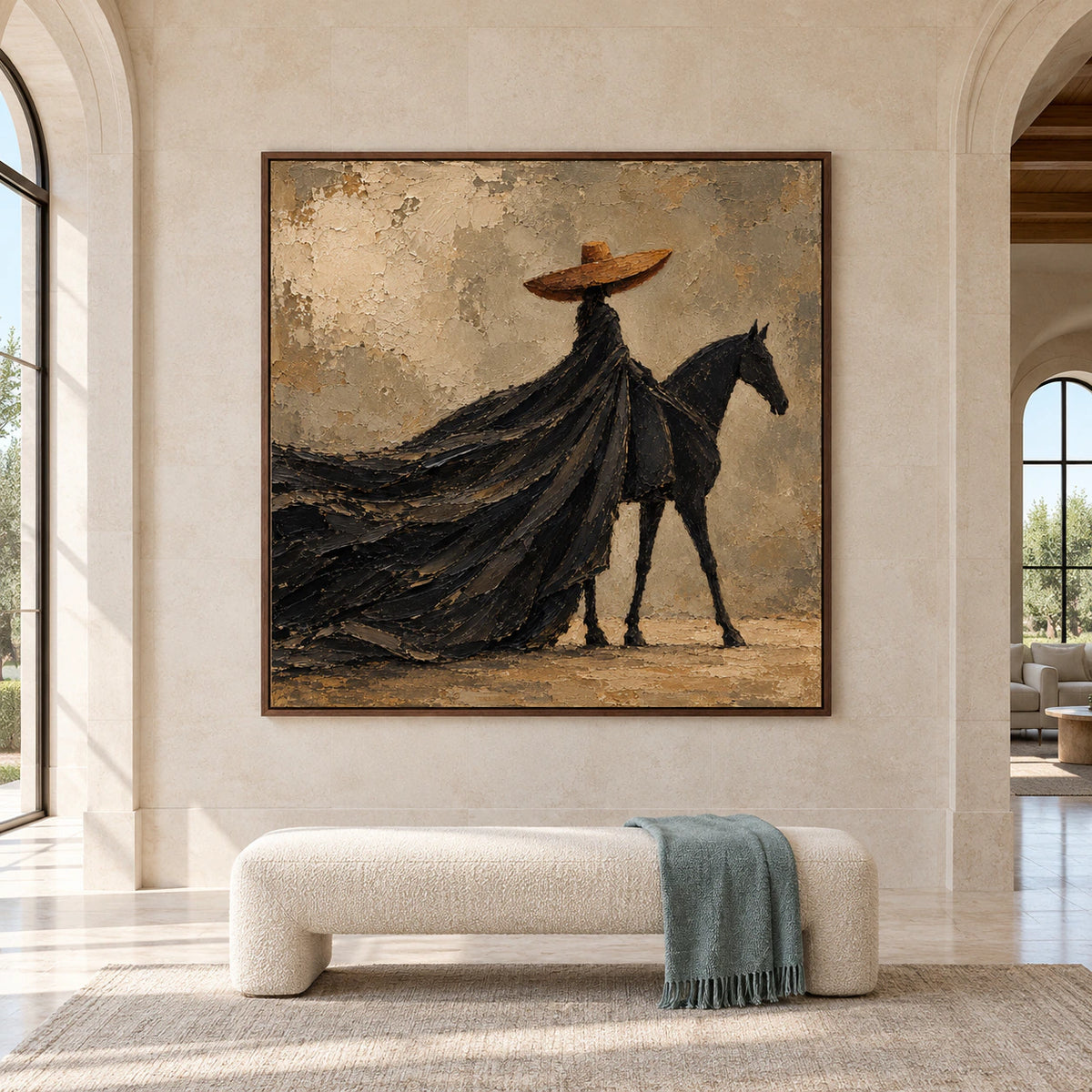 Large square rider-and-horse painting centered on a pale limestone wall in a bright, spacious living hall, viewed straight-on with restrained furnishings.