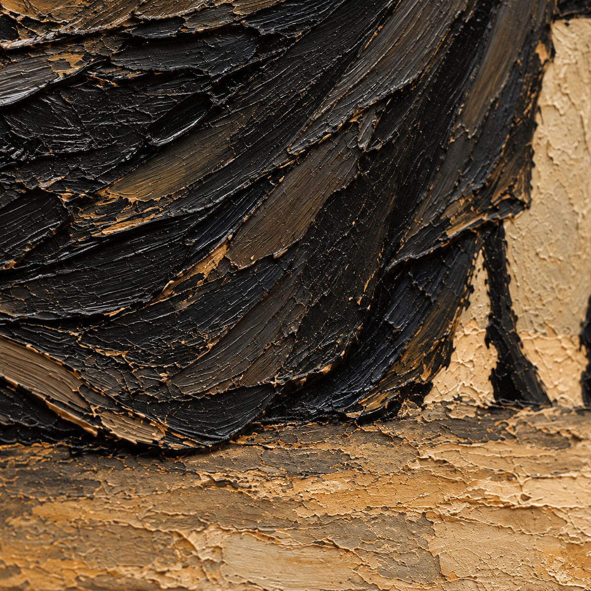 Close detail of the oil painting's raised brushstrokes and pigment transitions, viewed at an oblique side angle with grazing light revealing surface texture.