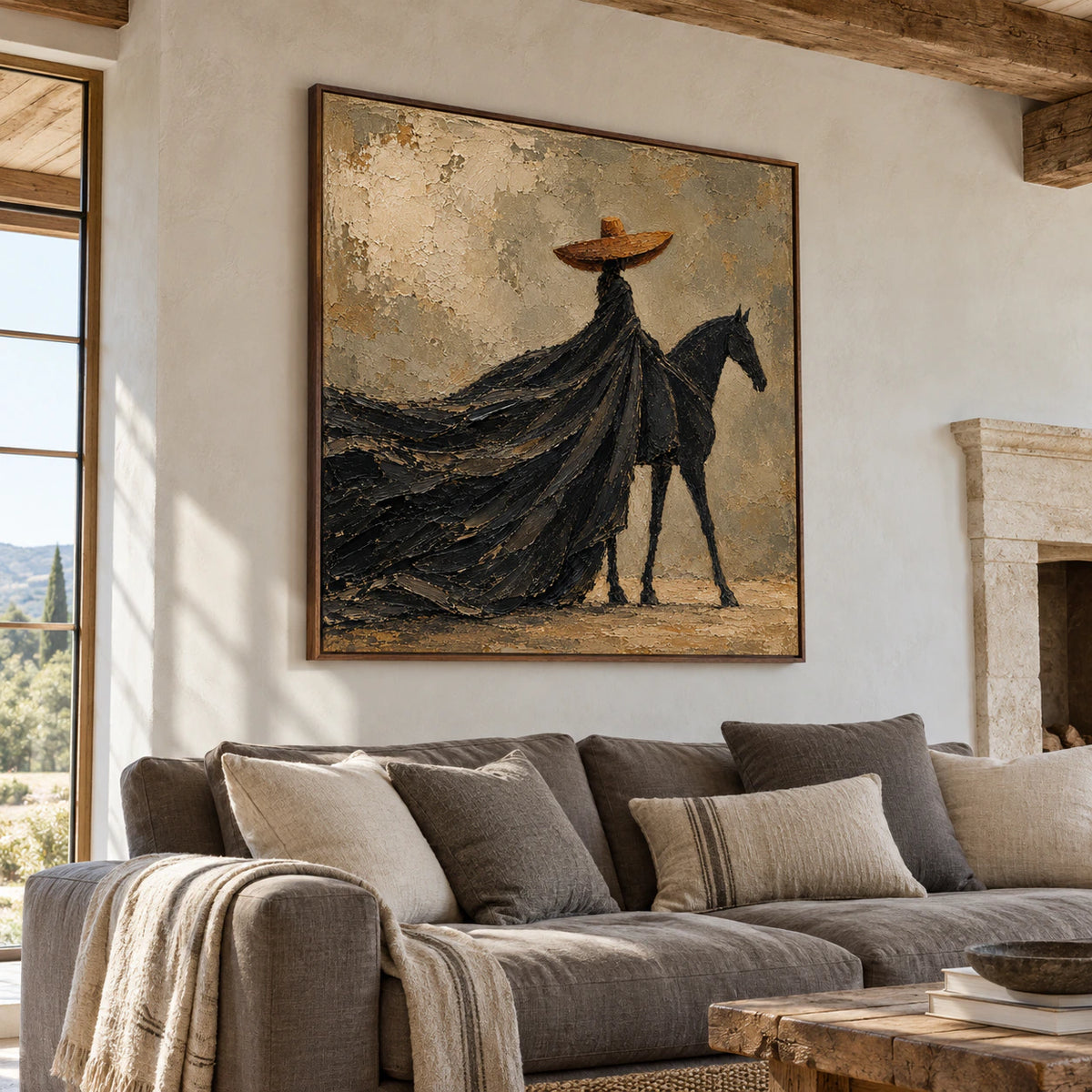 Square rider-and-horse painting above a muted sofa in a bright living room with pale plaster walls, viewed from a low left-oblique angle.