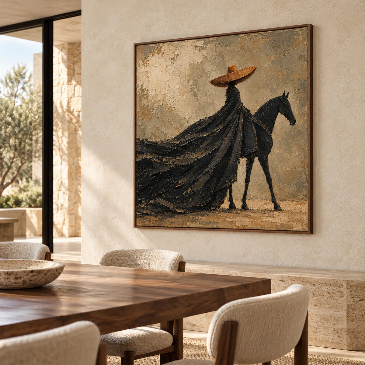 Square rider-and-horse painting on a light limestone wall beside a walnut dining table and pale upholstered chairs, viewed from the right at seated eye level.