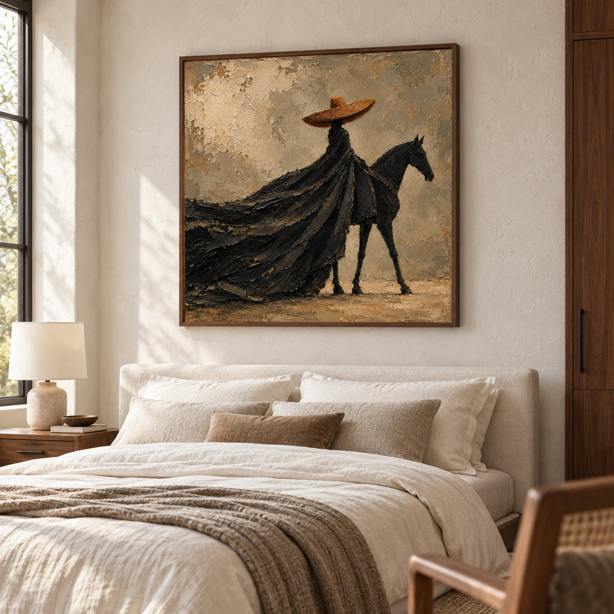 Square rider-and-horse painting above a simple bed with ivory linens in a pale bedroom lit by morning daylight, viewed from a slightly elevated left angle.