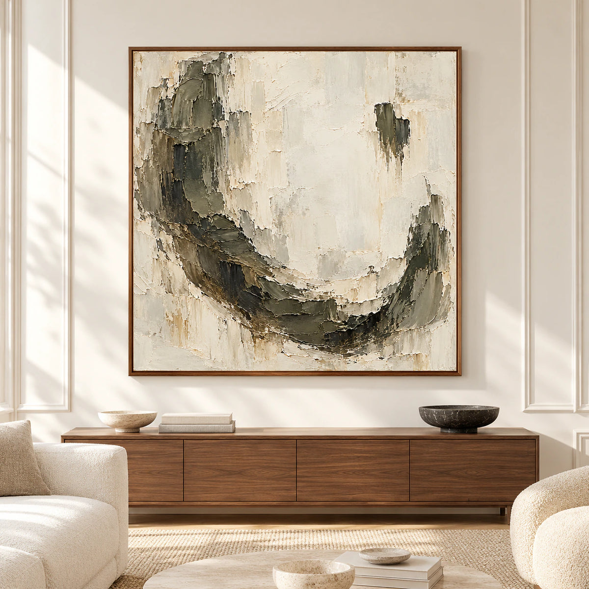 Large square abstract painting with a sweeping charcoal arc displayed straight-on above a low console in a spacious, sunlit living room.