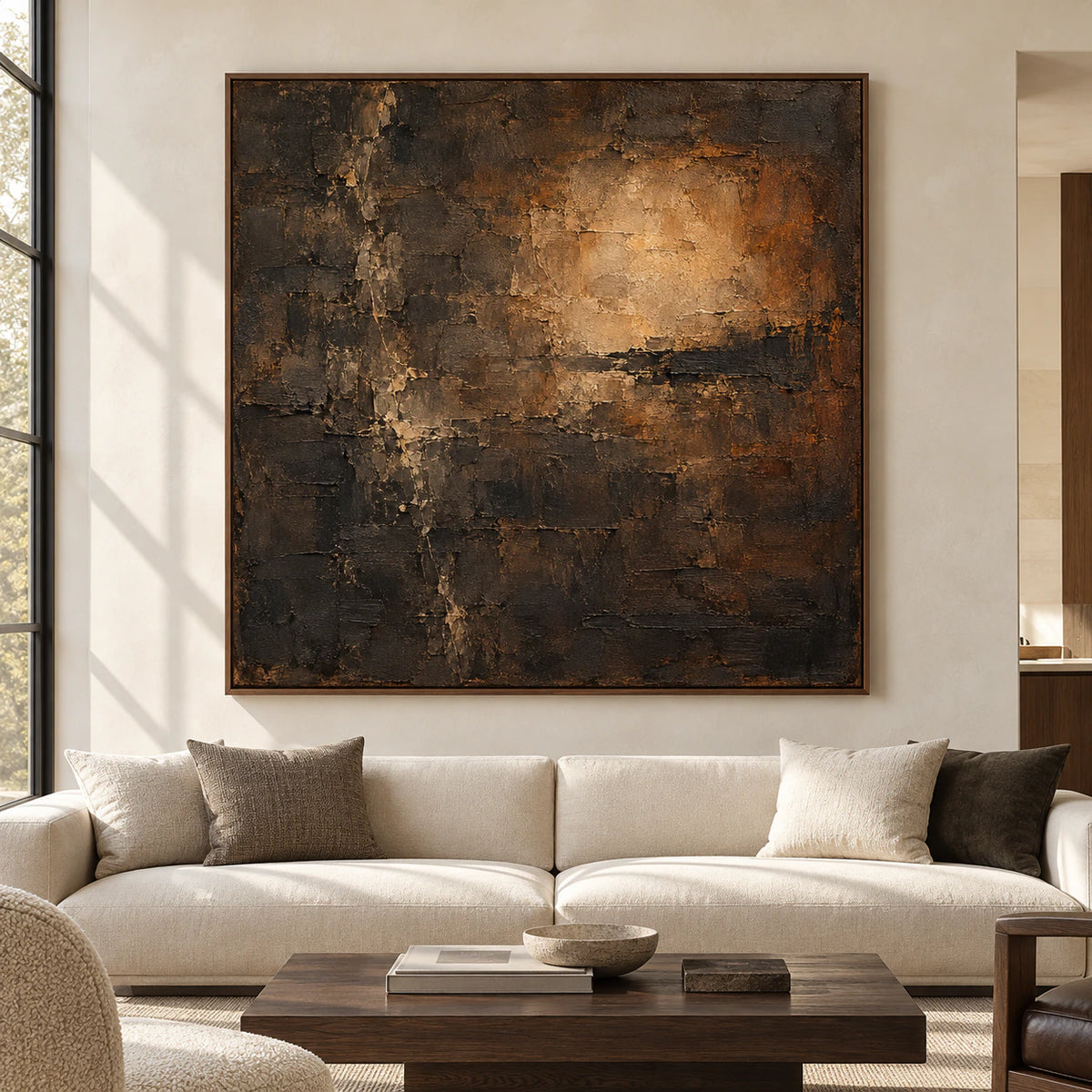Sable-Lantern square painting viewed straight-on in a spacious, bright living room with pale stone walls and dark wood furniture.