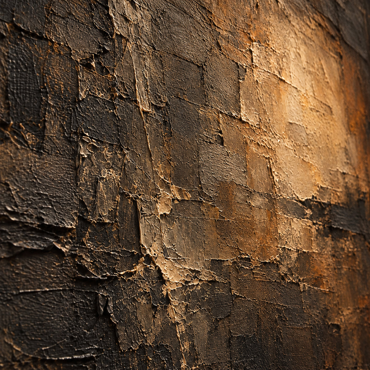 Oblique close-up of Sable-Lantern oil painting, with grazing light revealing raised paint, rough marks and ochre-to-umber transitions.