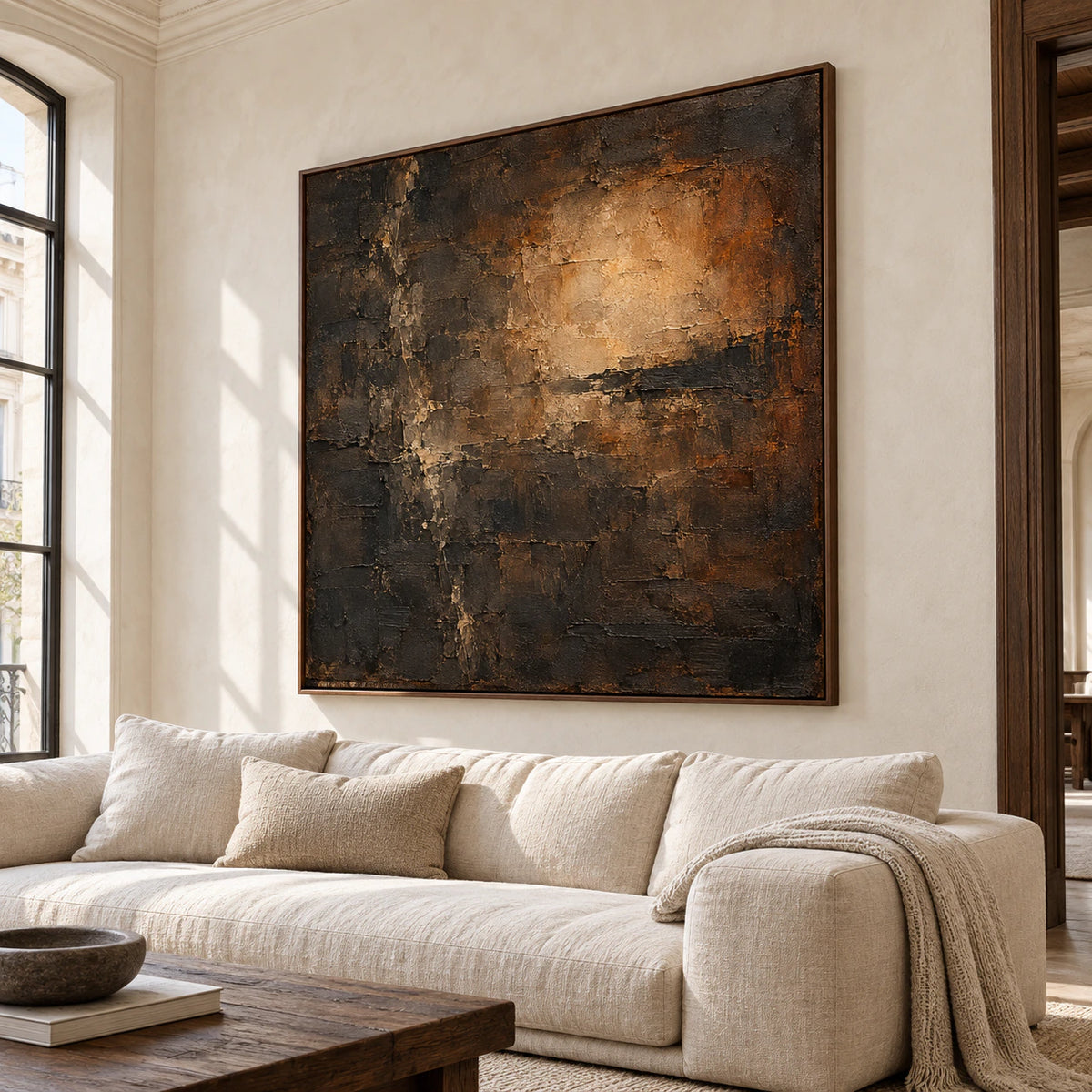 Sable-Lantern painting above a light stone-colored sofa, viewed from the left at seated eye level in a bright room with pale plaster walls.