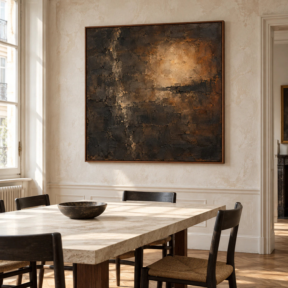 Sable-Lantern painting in a bright dining room with a long pale stone-topped table and charcoal chairs, viewed from the right and slightly above.