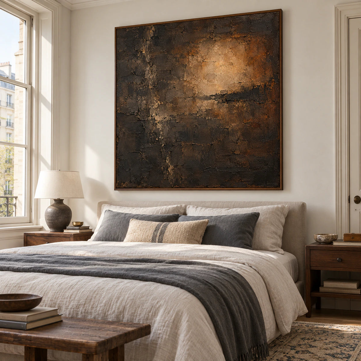 Sable-Lantern painting above a bed with cool ivory bedding and muted slate accents, viewed from near the foot at a low, gently oblique angle.