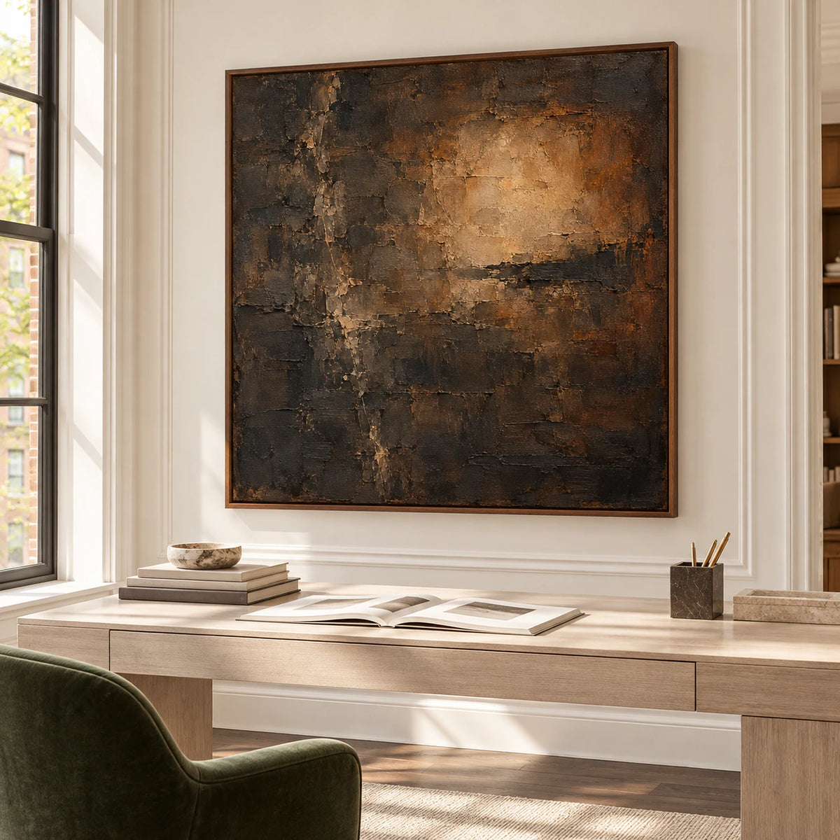 Sable-Lantern painting on a light home office wall beside a pale desk and deep green reading chair, viewed from the left at standing eye level.