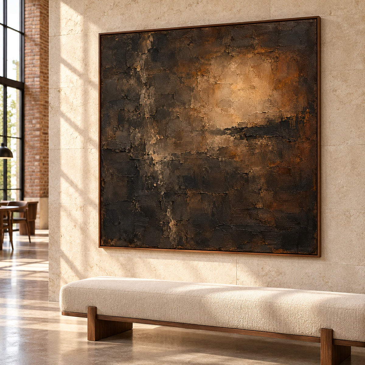 Sable-Lantern painting on a tall light limestone foyer wall, viewed from below and slightly right, with a bench and daylight from a high window.