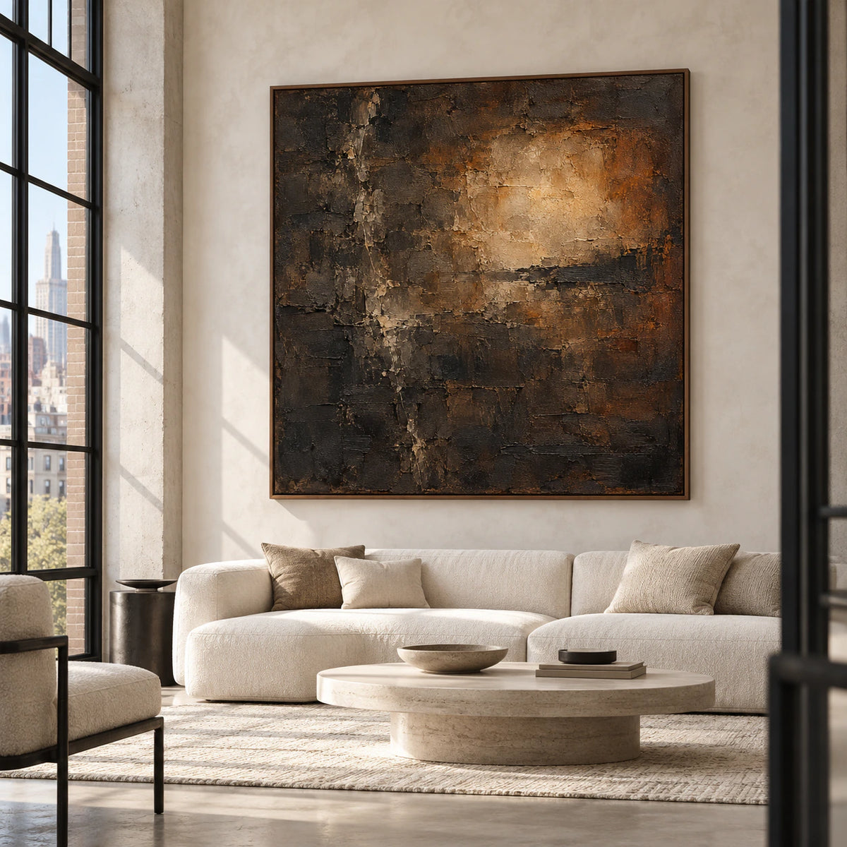 Sable-Lantern painting on a pale wall in an expansive loft hospitality interior, viewed diagonally across pale seating beneath high ceilings.