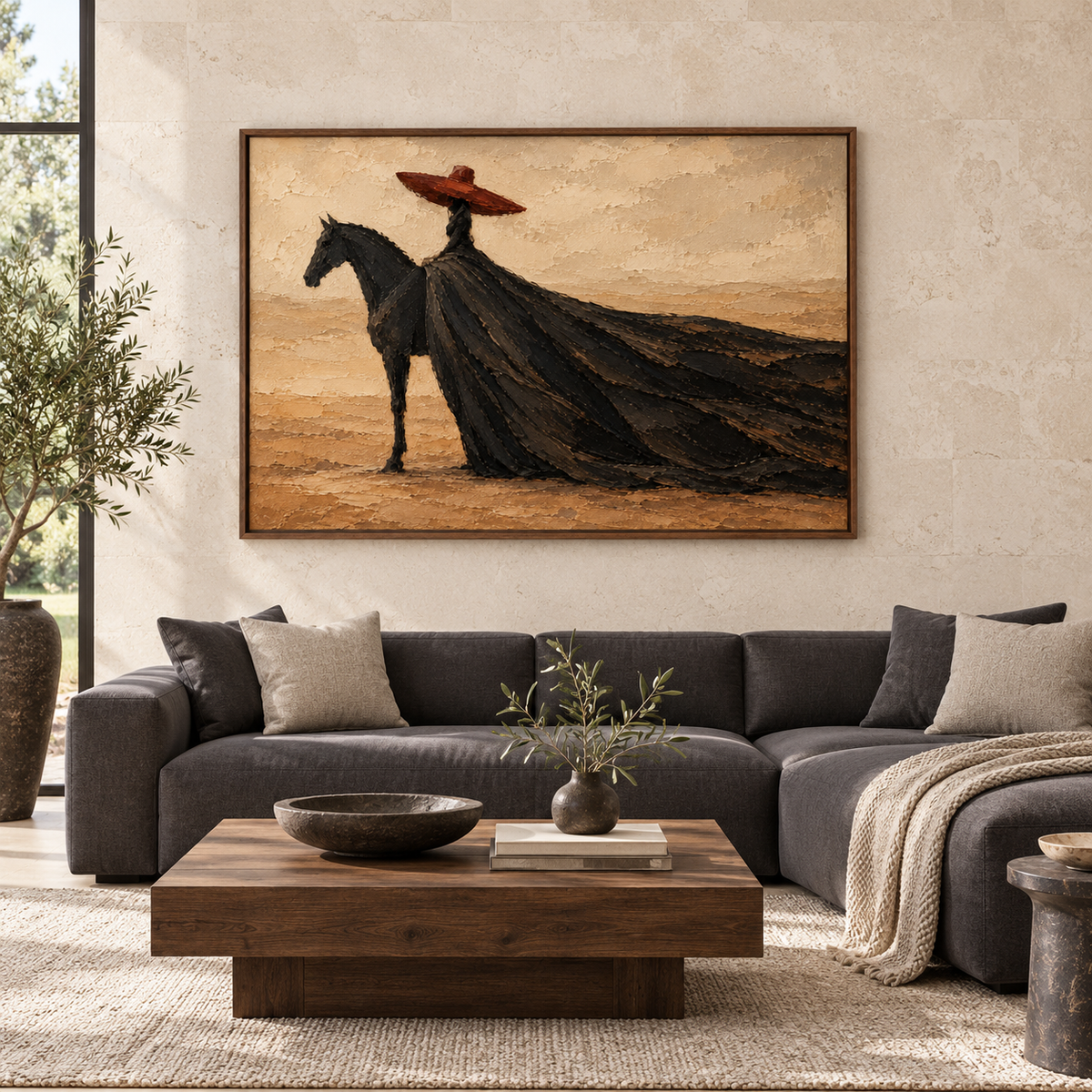 Large horizontal painting of a dark rider in a rust-red hat and sweeping black cloak displayed on a warm pale wall in a spacious living room.