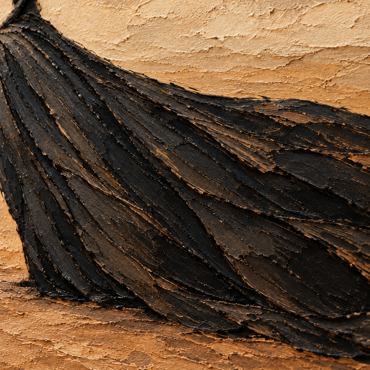 Sable-Mantle oil painting brushwork and impasto detail photographed from an oblique side angle