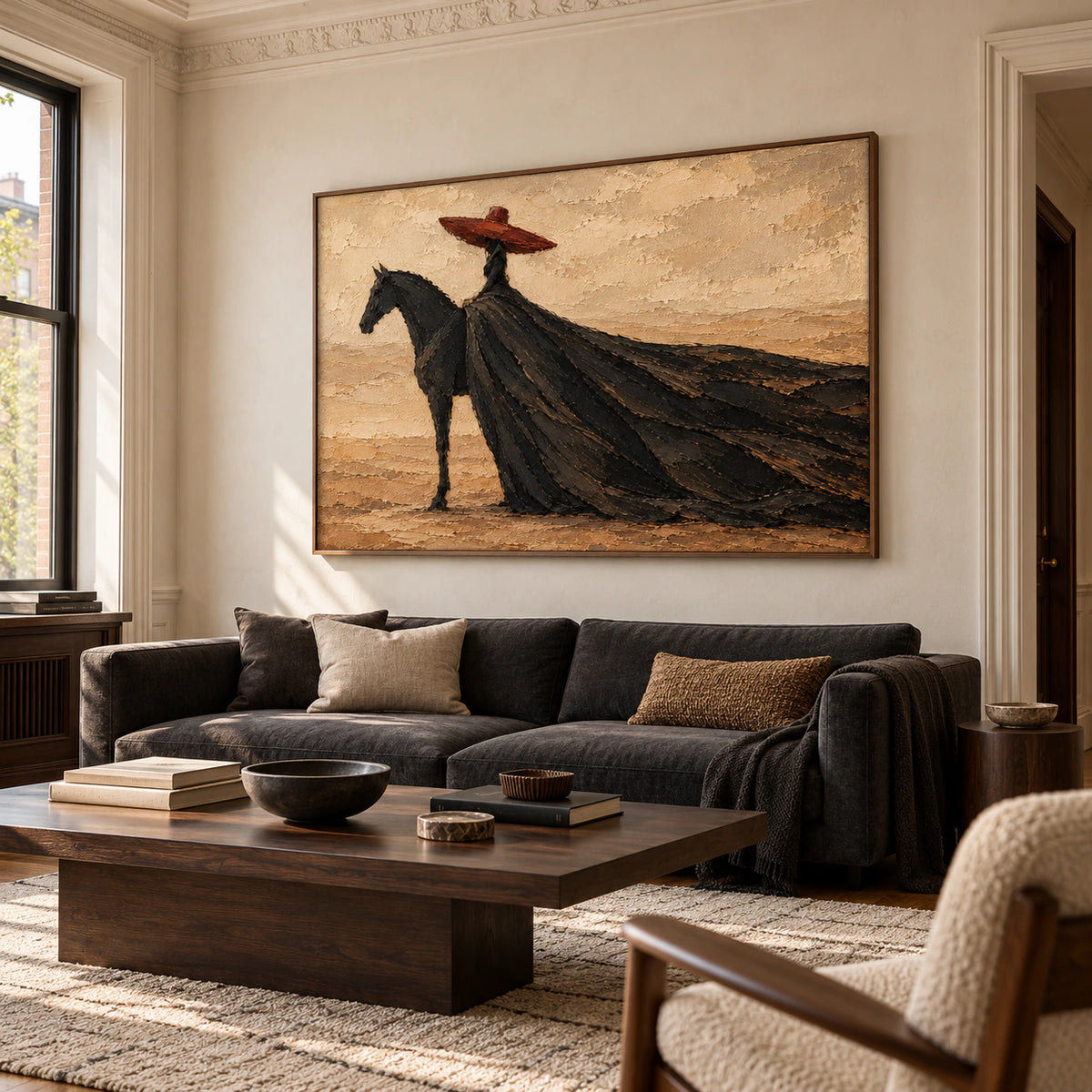 Large horizontal rider painting above a low charcoal sofa in a bright living room with pale plaster walls and daylight.