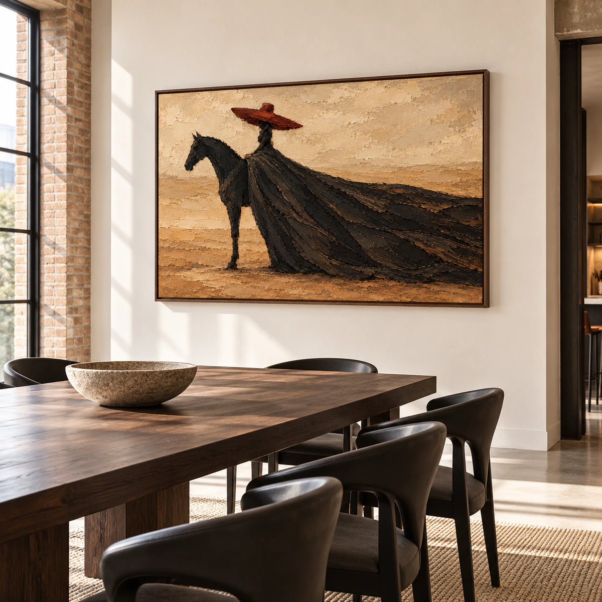 Large horizontal rider painting anchoring a refined dining room above a dark wood dining table, seen from an oblique angle in natural daylight.