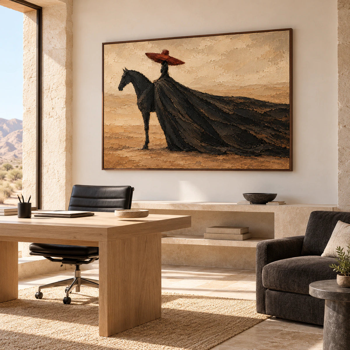 Large horizontal rider painting in an airy home office with a slim desk and open shelving, viewed from a gentle side angle.
