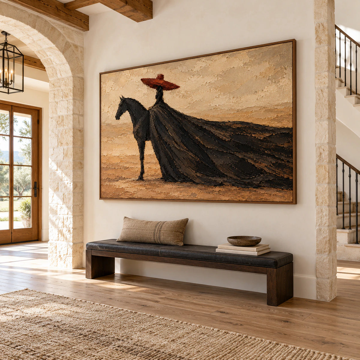 Large horizontal rider painting commanding a gallery-scale foyer wall beneath a high ceiling, with daylight and visible architectural depth.