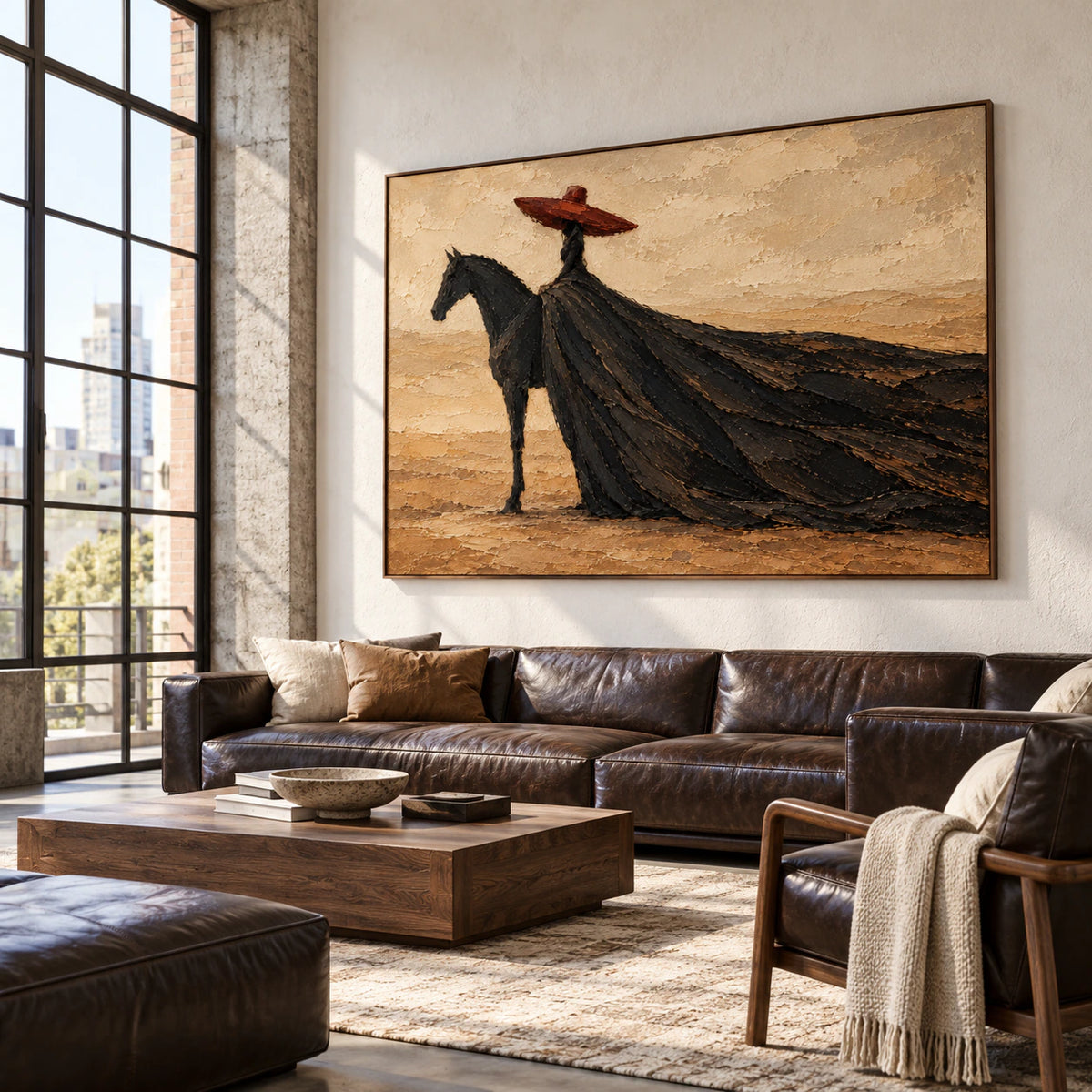 Large horizontal rider painting displayed at scale in an expansive loft hospitality interior with tall windows and restrained furnishings.