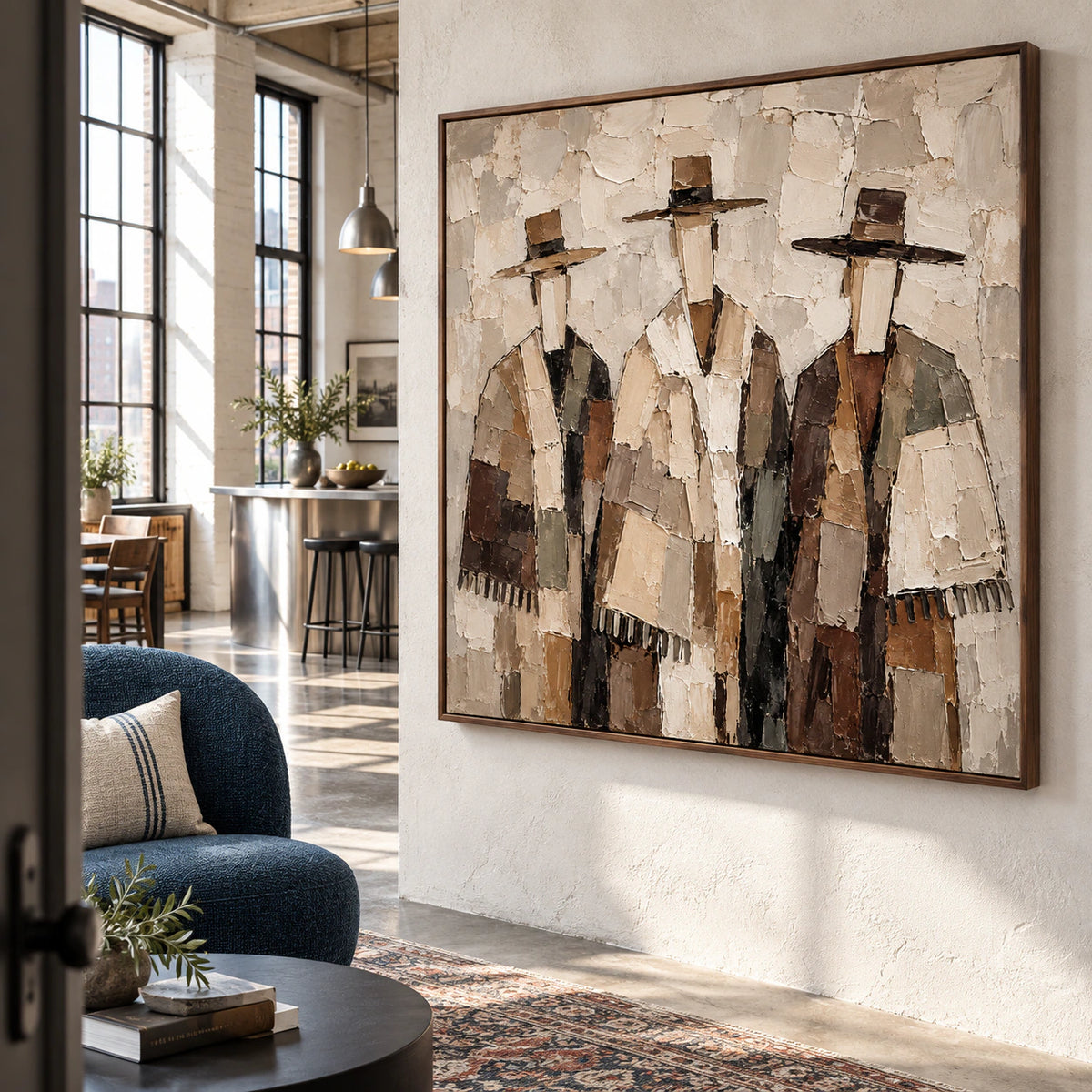 Square figure artwork as a large focal point in a bright loft hospitality interior.