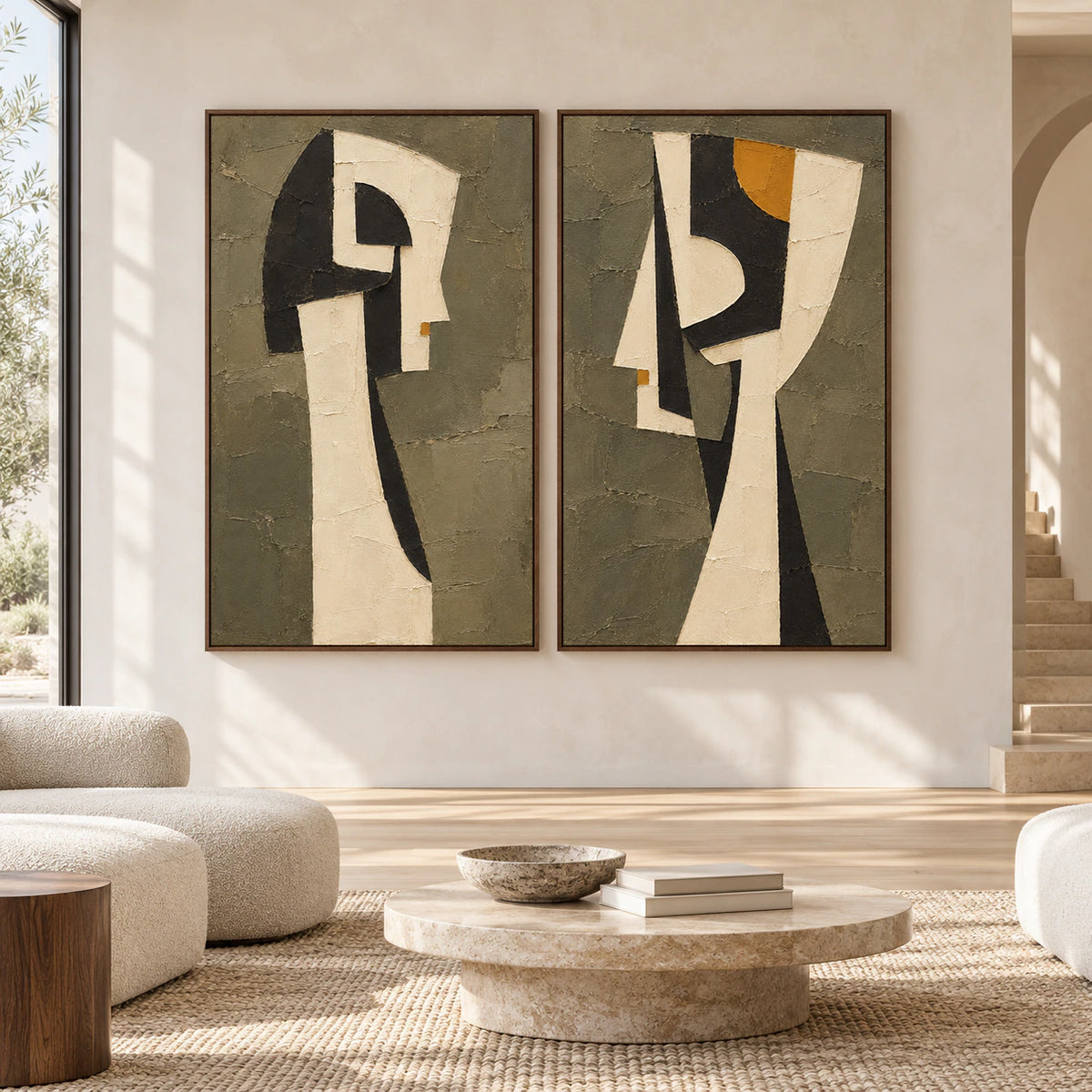 Large straight-on gallery room with the Sable-Relics two-canvas diptych in matching walnut frames.