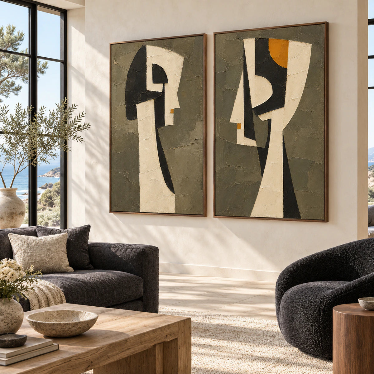 Bright living room with the Sable-Relics diptych hung side by side in walnut frames.