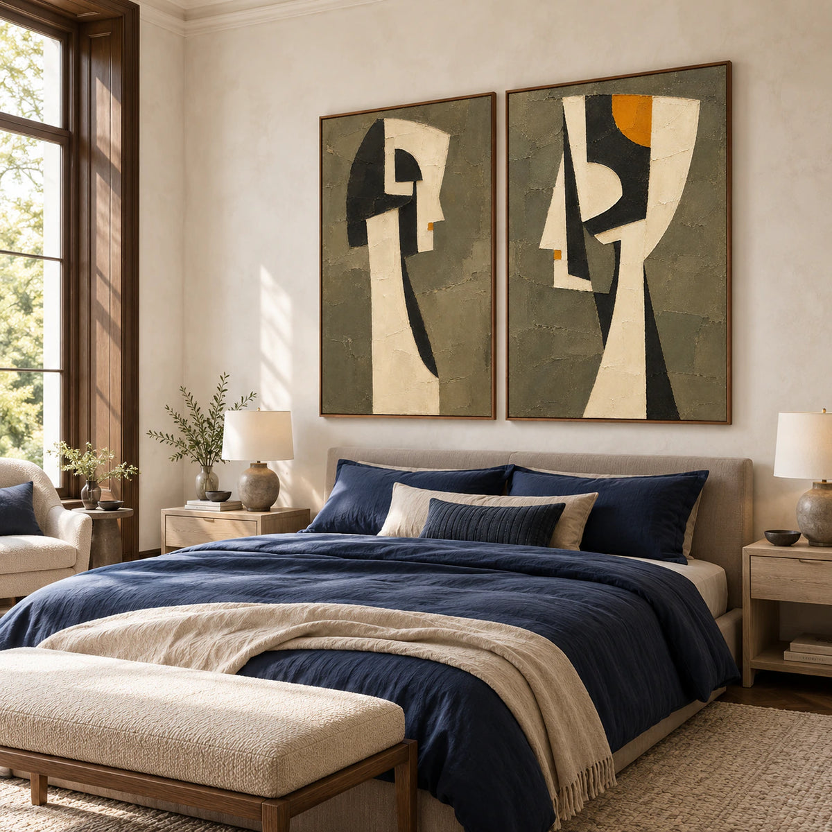Quiet bedroom with the Sable-Relics framed diptych above a restrained upholstered bed.