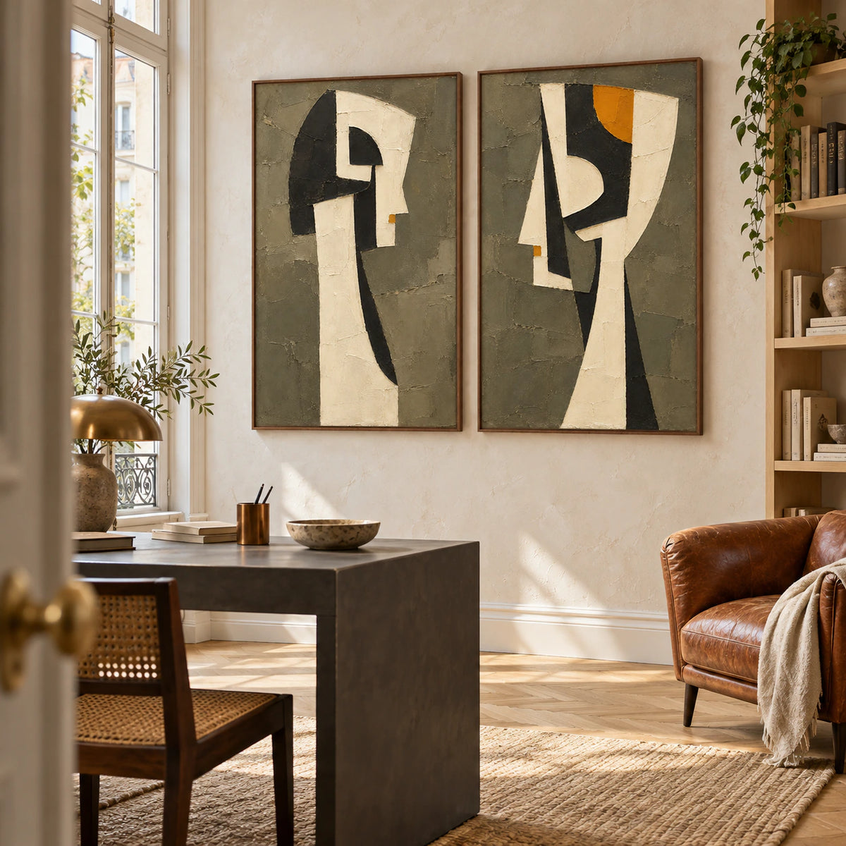 Airy reading office with the Sable-Relics two-piece diptych as the principal wall art.