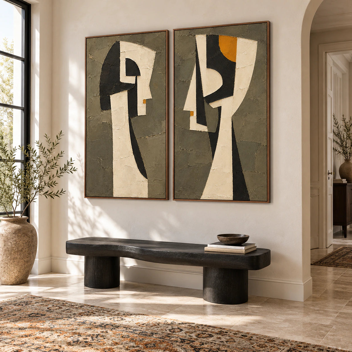 Gallery-scale foyer with the Sable-Relics walnut-framed diptych hung at impressive scale.