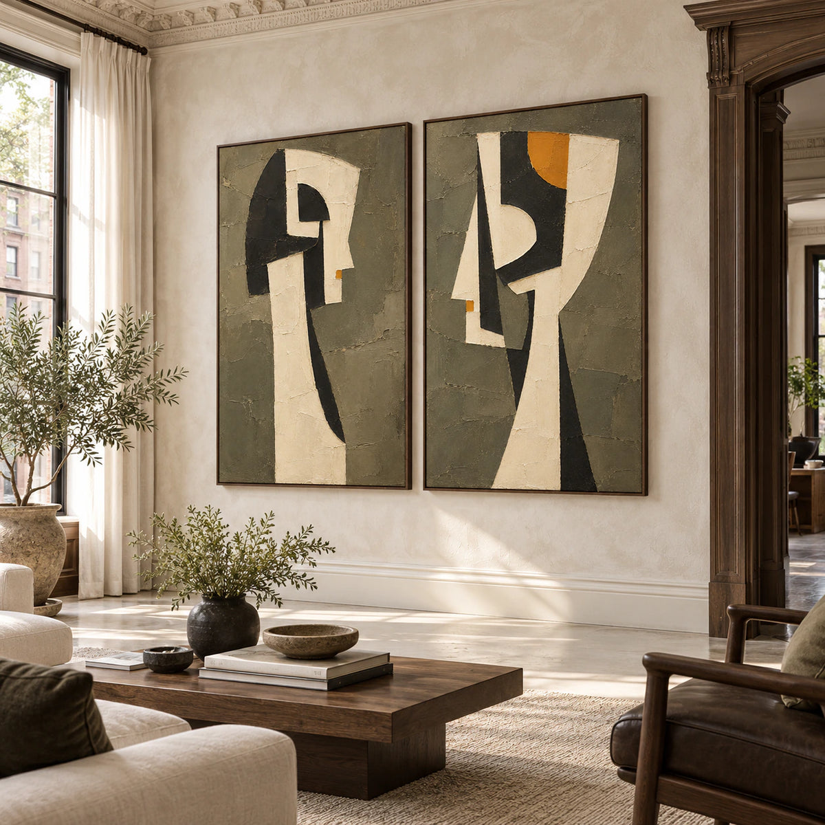 Expansive loft hospitality interior centered on the Sable-Relics two-canvas diptych.