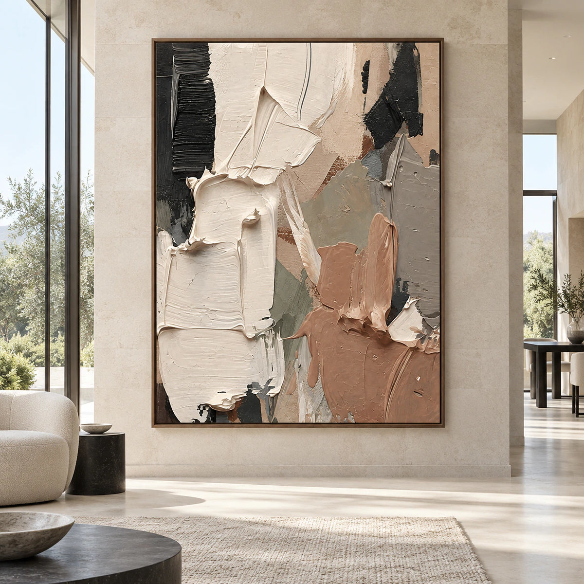 Large vertical abstract painting with ivory, taupe, sage and charcoal texture in a spacious architectural interior.
