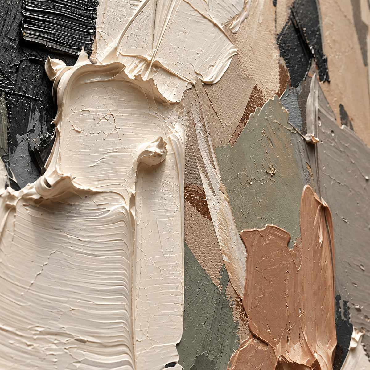 Sable-Relief oil painting brushwork and impasto detail photographed from an oblique side angle