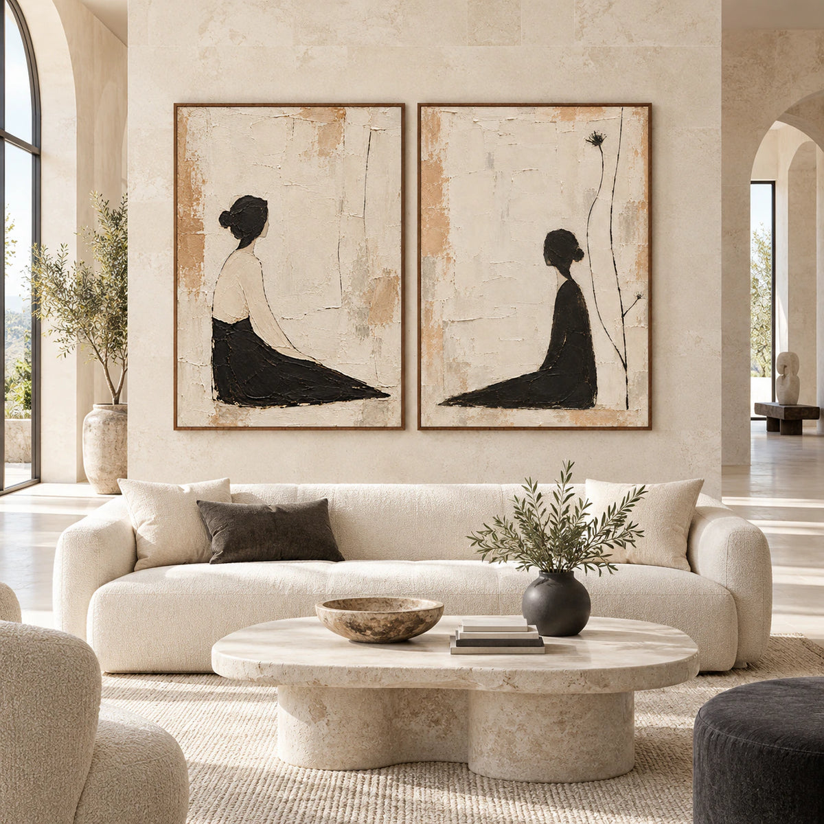 Large straight-on gallery interior with the Sable-Reverie diptych in matching slim walnut frames.