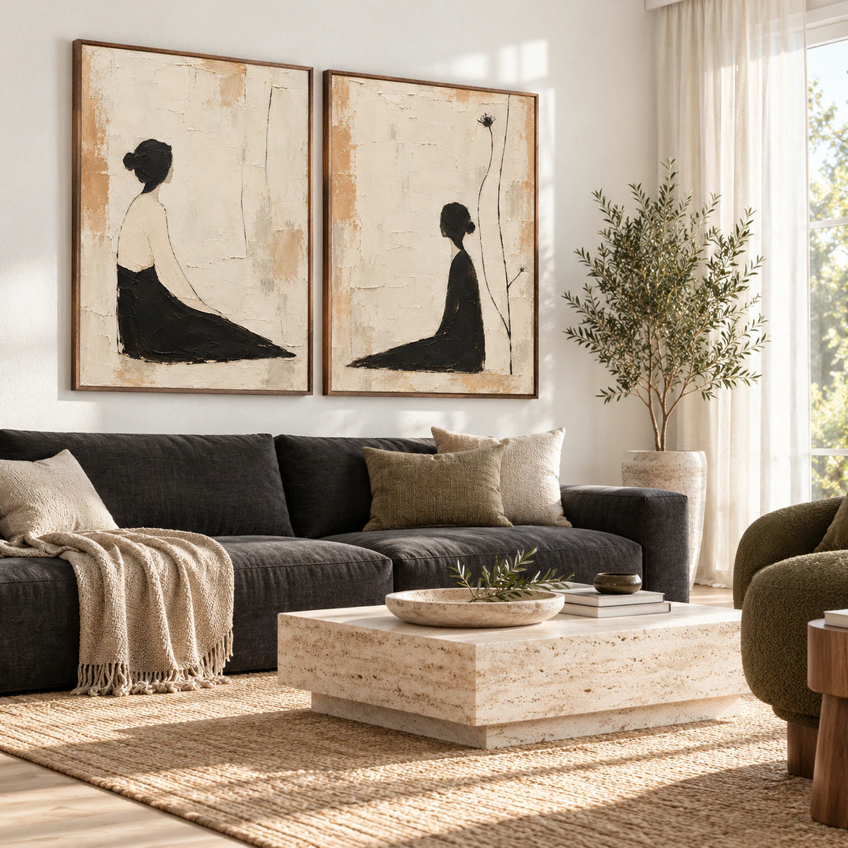 Bright living room with the Sable-Reverie two-canvas diptych as the focal point.