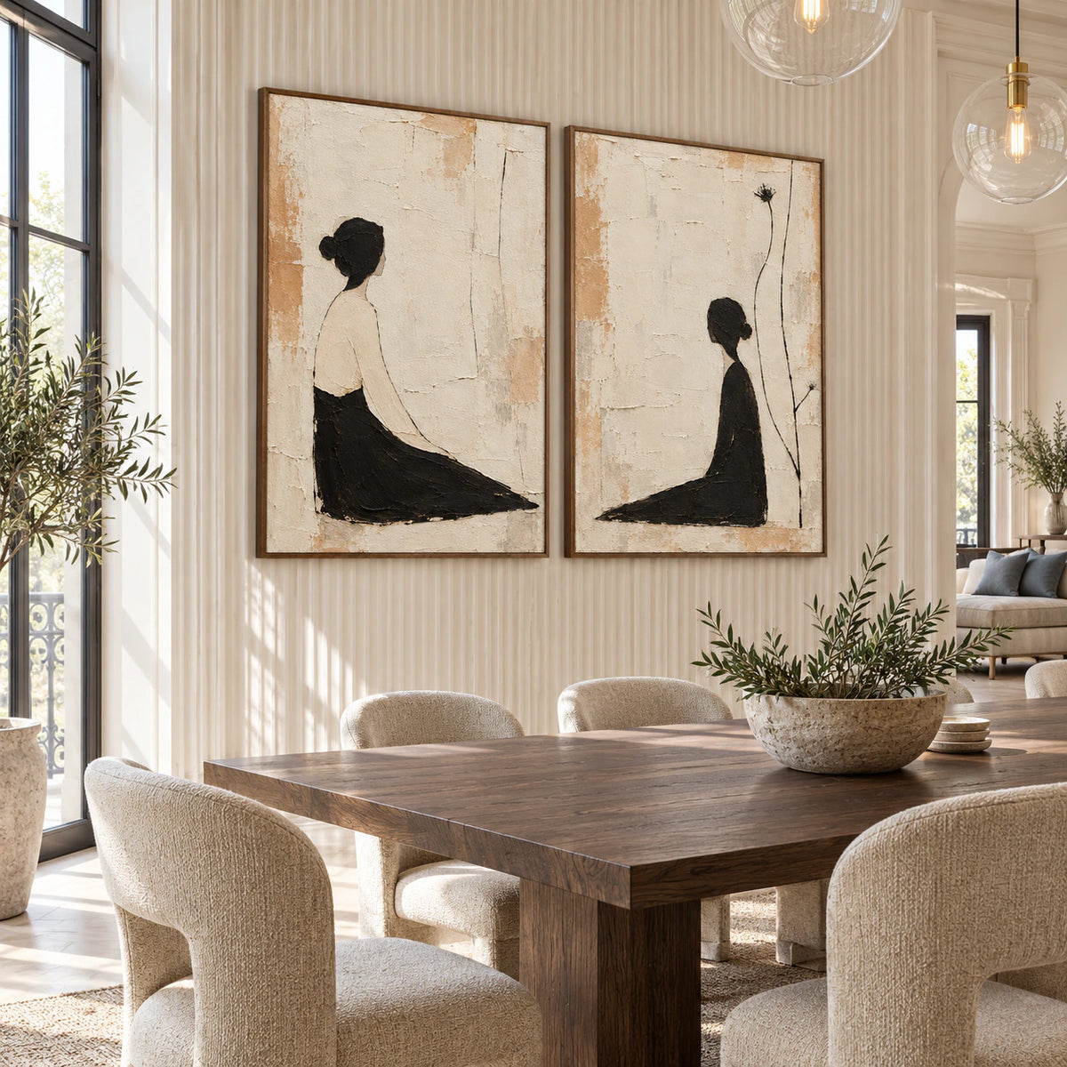 Refined dining room featuring the Sable-Reverie diptych in slim walnut frames.